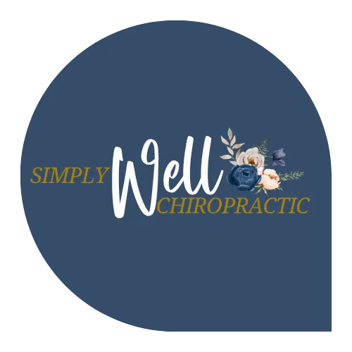 Logo for Simply Well Chiropractic featuring gold text and a white script font alongside a floral arrangement on a slate blue background.
