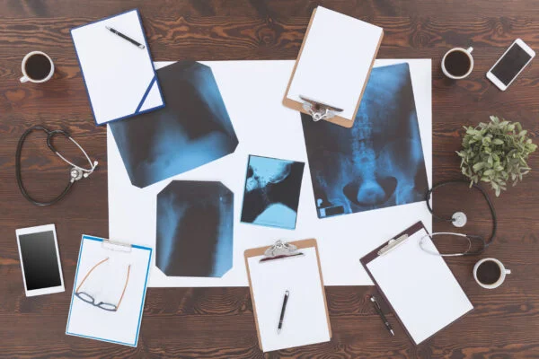 Top-down view of a wooden desk arranged for a medical consultation, displaying medical X-rays, clipboards with blank paper, stethoscopes, smartphones, and cups of coffee.