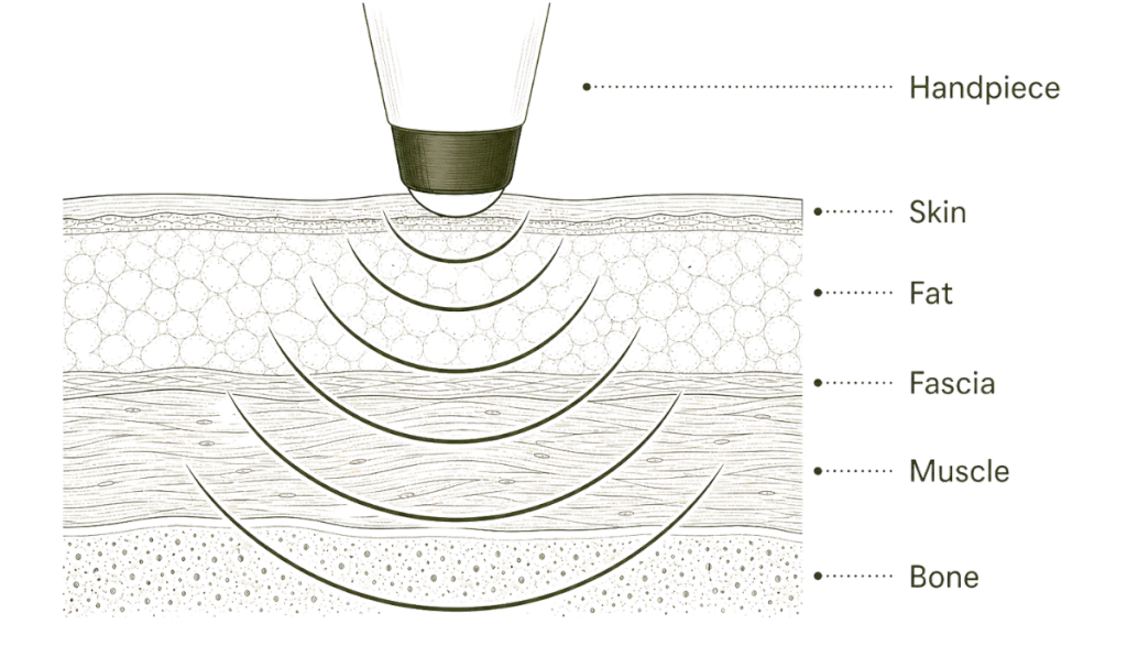 SoftWave Therapy device penetrates through layer of tissue to deliver healthing shockwaves.