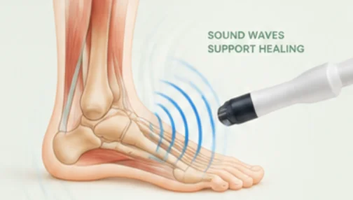 Graphic of softwave therapy device near a foot with healing sound waves radiating.