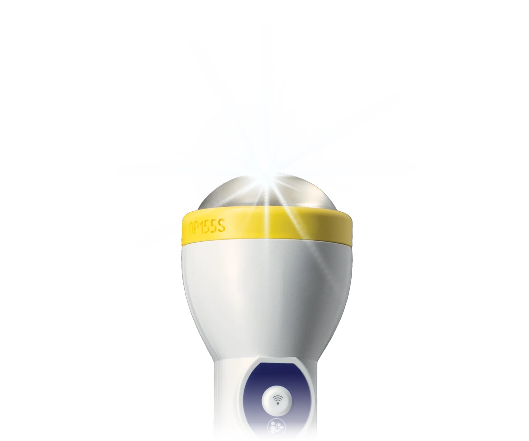 Studio shot of a white SoftWave Therapy handpiece with a yellow band and blue control button, shining a bright light flare from its clear rounded tip.